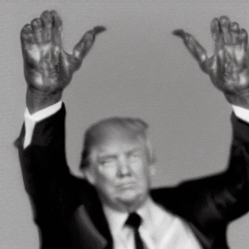 Image similar to a realistic portrait of Donald Trump with tiny hands, black and white photograph, hands are waving