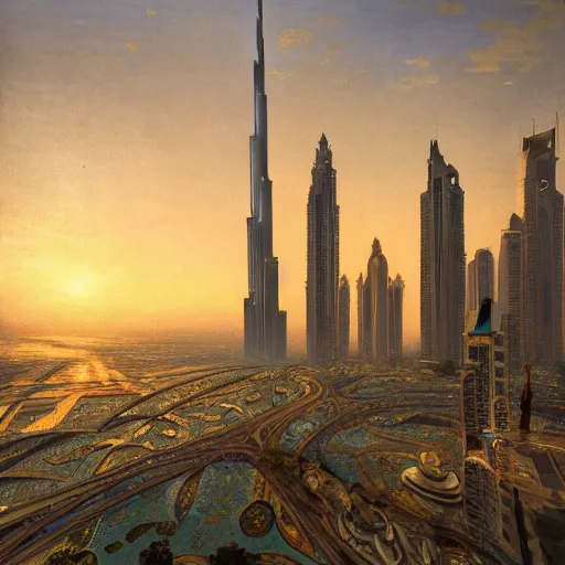 Prompt: a beautifully ultra detailed painting of dubai, early evening, golden hour, alphonse mucha and wlop, 4 k : 3, : - 1, dof : - 1, blur : - 1, unreal engine, trending on artstation