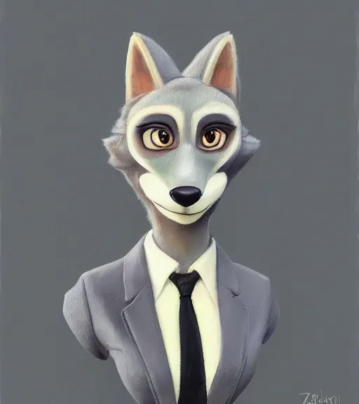 Image similar to oil painting bust of anthromorphic female wolf, in style of zootopia, zootopia, zootopia, fursona, furry, furaffinity, 4 k, deviantart, furry art, fursona art, wearing black business suit, business suit, in style of zootopia, wolf fursona, cyberpunk, female, expressive detailed feminine face,
