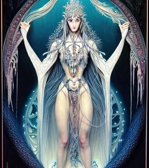 Prompt: symmetrical illustration, a beautiful female ice queen in dress, pretty, detailed and intricate, perfect body shape, perfect face, hypermaximalist, elegant, ornate, luxury, elite, matte painting, cinematic lighting, james jean, brian froud, wayne barlowe