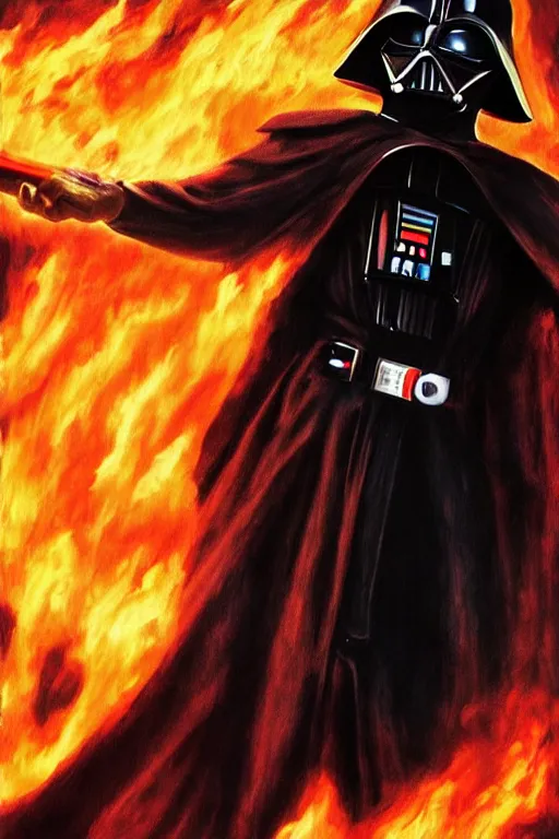 Image similar to anakin skywalker emerging from a ocean of flames. he is wearing darth vader's suit. he has a lightsaber in his right hands and clenches the left hand as a fist. detailed portrait. photorealistic. digital oil painting. visible brushstrokes