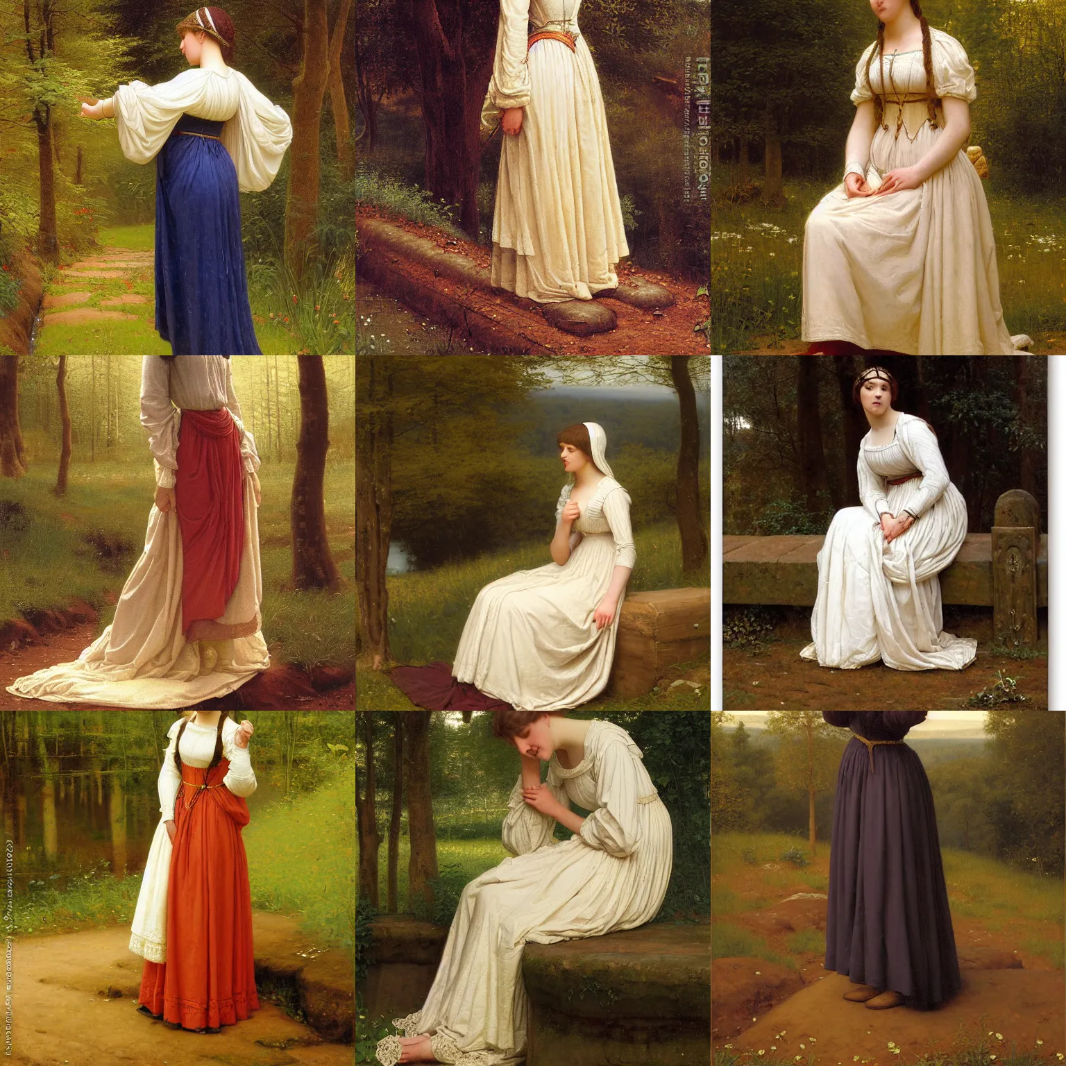 Prompt: portrait painting by Edmund Blair Leighton of a beautiful young woman in medieval clothes, looking down at her feet with a confused expression, touching her waist with one hand and her chest with the other hand, forest in the background, 4k oil on linen by Edmund Blair Leighton, highly detailed, soft lighting 8k resolution