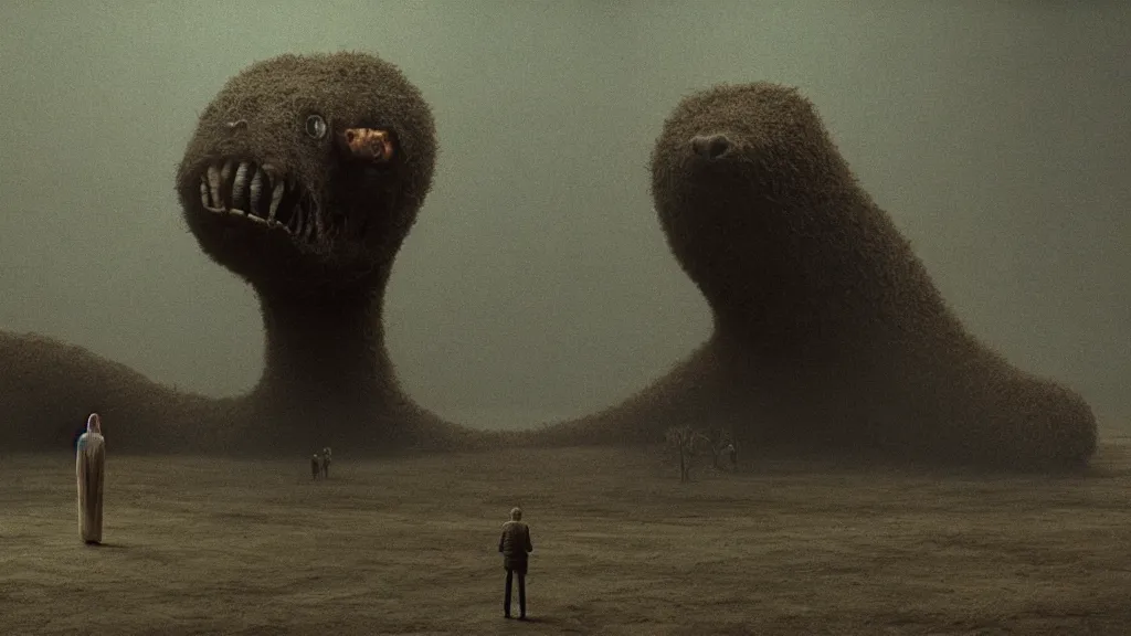 Image similar to the only creature i would ever love, at the movie theatre film still from the movie directed by denis villeneuve and david cronenberg with art direction by salvador dali and zdzisław beksinski, wide lens