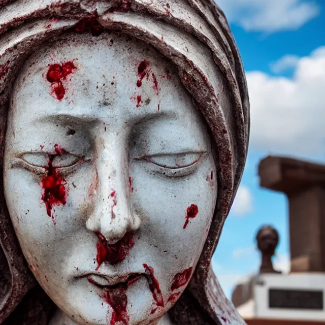 Prompt: closeup of crying white mother mary statue, pictured slightly from below, clear sky with blue clouds in background, covered in blood, vintage polaroid