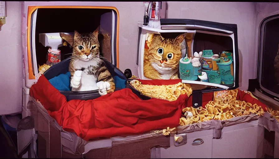 Image similar to 1990s photo of inside the Garfield Mystery Lasagna ride at Universal Studios in Orlando, Florida, riding a box with a blanket with Garfield the cat through a living room filled lasagna and coffee cups, cinematic, UHD