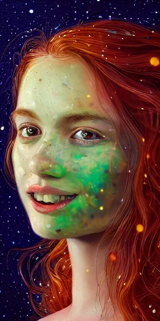 Image similar to infp young woman, smiling amazed, golden fireflies lights, sitting in the midst of nature fully covered, long loose red hair, intricate linework, bright accurate green eyes, small nose with freckles, oval shape face, realistic, expressive emotions, dramatic lights magical scene, hyper realistic ultrafine art by michael cheval, jessica rossier, boris vallejo