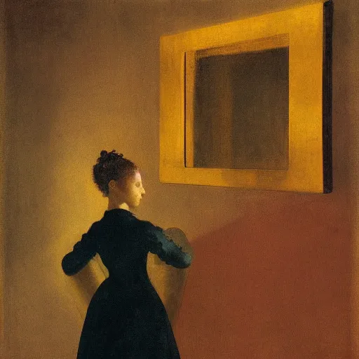 Prompt: a girl in a gold haunted liminal room, digital painting by goya and balthus, colors by pontormo, lights by hopper, extreme detail, liminal aesthetic, background art nouveau