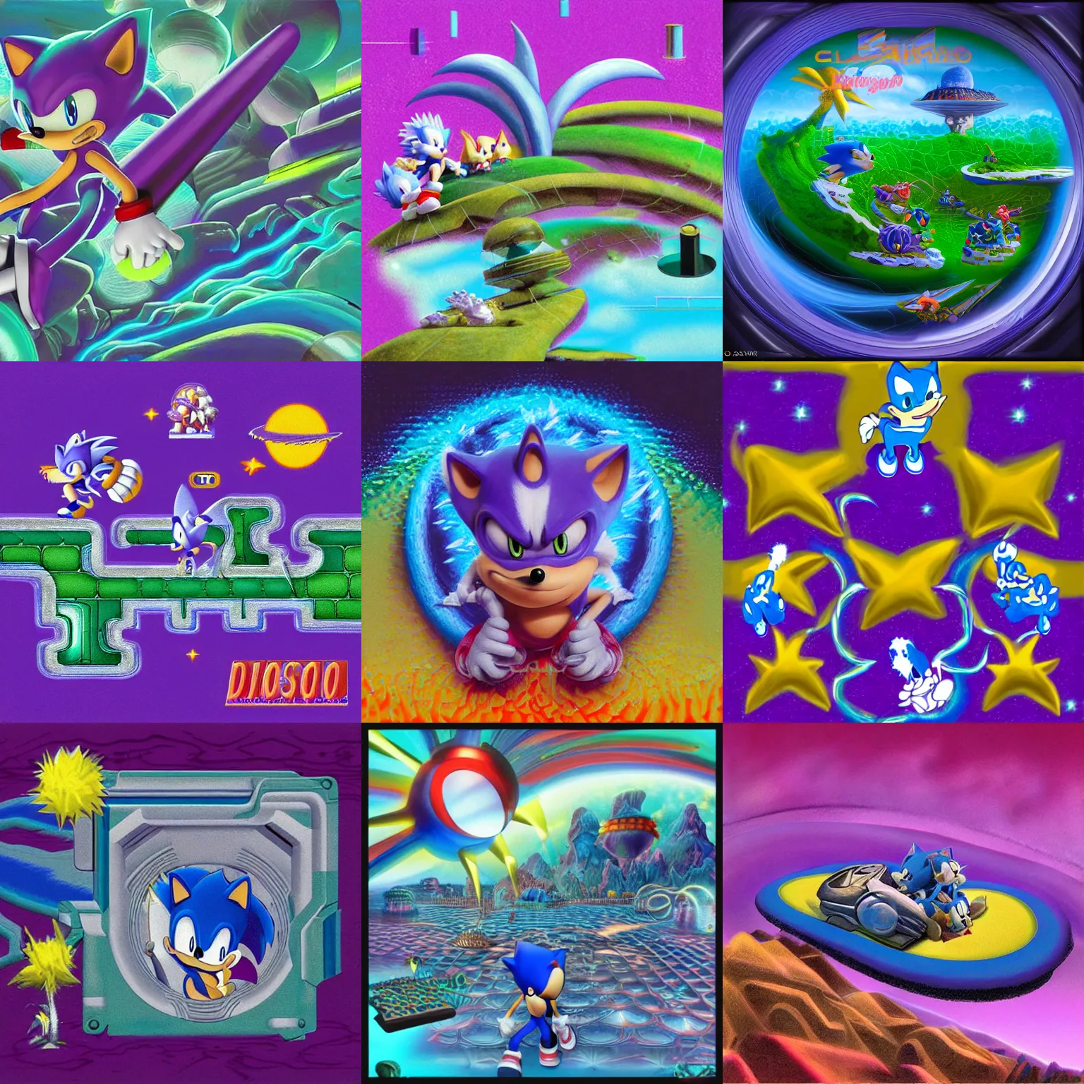 Prompt: dreaming of sonic hedgehog portrait deconstructivist claymation scifi matte painting landscape of a surreal stars, retro moulded professional soft pastels high quality airbrush art album cover of a liquid dissolving airbrush art lsd sonic the hedgehog swimming through cyberspace purple teal checkerboard background 1 9 9 0 s 1 9 9 2 sega genesis rareware video game album cover