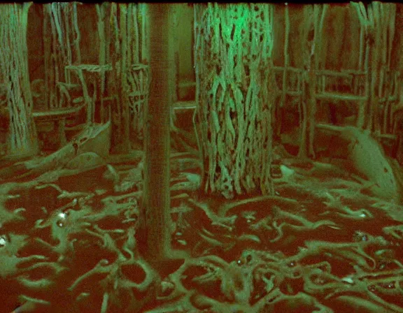 Prompt: forest glen opening with figure film still 1 9 9 2 industrial neon water mold rot