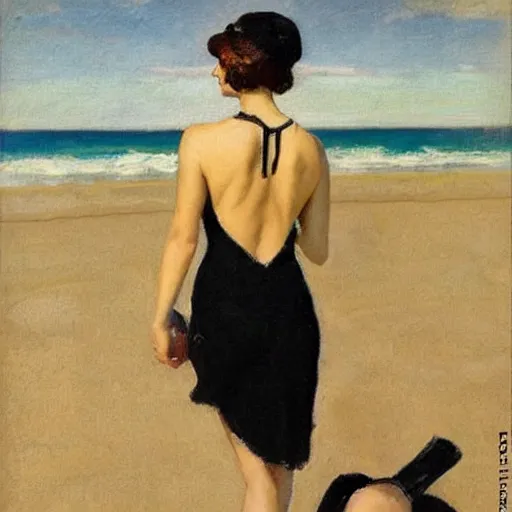 Image similar to woman on the beach, black dress, part leyendecker style, part dean cornwell style