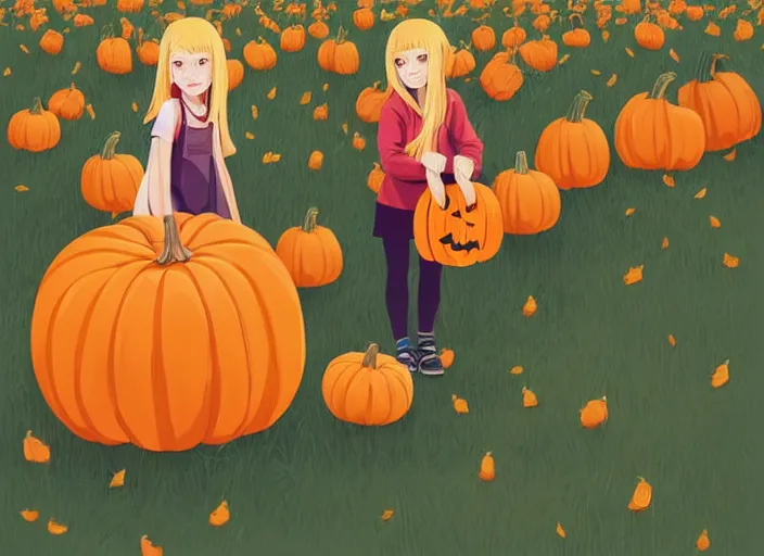 Image similar to little girl with long blonde hair visiting a pumpkin patch. clean cel shaded vector art. shutterstock. behance hd by lois van baarle, artgerm, helen huang, by makoto shinkai and ilya kuvshinov, rossdraws, illustration, art by ilya kuvshinov