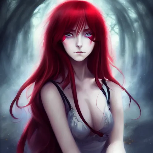 Image similar to facial portrait of a young pretty anime woman, long red hair, dark eyes, gothic eyeliner, character concept art, headshot, Charlie Bowater, Anna Dittmann, WLOP, Rumiko Takahashi, Akihiko Yoshida, Hyung-tae Kim, alexander mcqueen, trending on Artstation