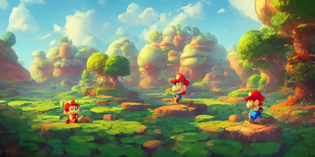 Image similar to dynamics matte painting acrylic blur oil marioworld wonderland yoshi kurbi dofus, behance hd by jesper ejsing, by rhads, makoto shinkai and lois van baarle, ilya kuvshinov, rossdraws global illumination