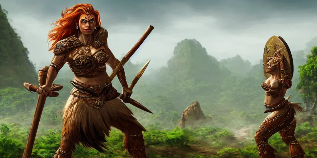 Prompt: armoured ginger dwaven women wielding a hammer and shield, jungle clearing, awesome floating mountain in the shape of a human heart. 4k realism distant landscape