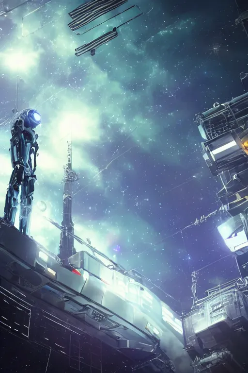 Prompt: robotic cyber punk humanoid, standing beside a space station window to nebula, starry sparkles in distance, cinematic hyper detailed,