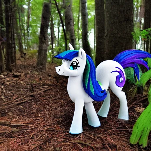 Prompt: photo of feral cryptid wild my little ponies twilight sparkle in the woods