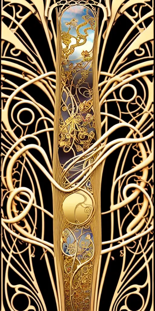 Prompt: the source of future growth dramatic, elaborate emotive Art Nouveau styles to emphasise beauty as a transcendental, seamless pattern, symmetrical, large motifs, hyper realistic, 8k image, 3D, supersharp, Art nouveau 3D curves and swirls, copper and Gold pipes, swarovski crystals, iridescent and black and shiny gold colors , perfect symmetry, iridescent, High Definition, sci-fi, Octane render in Maya and Houdini, light, shadows, reflections, photorealistic, masterpiece, smooth gradients, no blur, sharp focus, photorealistic, insanely detailed and intricate, cinematic lighting, Octane render, epic scene, 8K