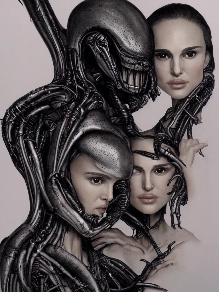 Image similar to a beautiful portrait of natalie portman with a xenomorph alien queen by h.r. giger, detailed, proportional, trending on art station, 4k