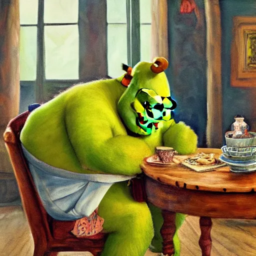 Prompt: !dream happy Shrek with brown hair sitting by the fireplace, reading a book, drinking tea, in a comfortable chair, cozy atmosphere, home, warm hues, oil painting, realistic