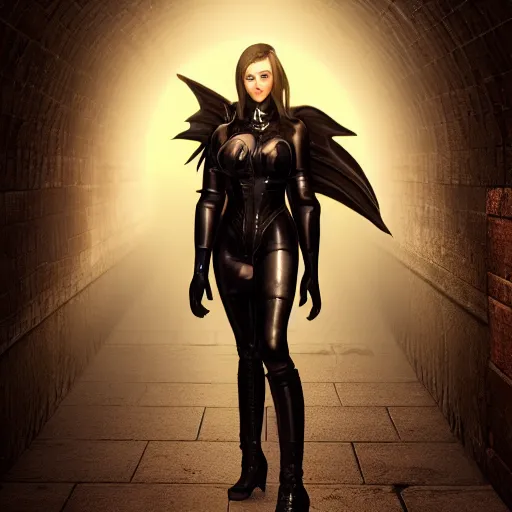 Image similar to a school boy being intimidated by a succubus in a leather suit, devi wings, cracked brick wall, long hallway, light at the end of the tunnel, volumetric lighting, concept art, detailed, dramatic lighting, by wlop, artgerm