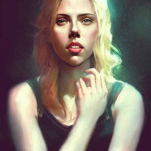 Image similar to “ portrait of scarlett johansson by greg rutkowski, young, attractive, highly detailed portrait, scifi, digital painting, artstation, concept art, smooth, sharp foccus ilustration, artstation hq ”