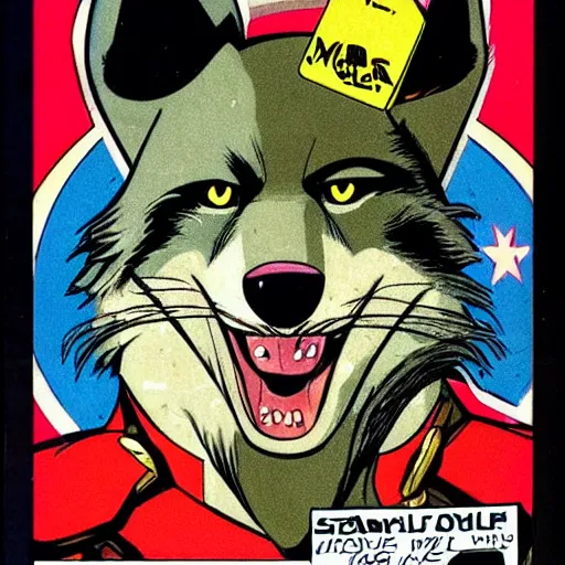 Image similar to 1 9 8 0 s comic book cover scan featuring a portrait of villain male wolf o'donnell anthropomorphic wolf furry fursona from starfox wearing a dark space mercenary uniform, dark grey wolf, handsome eyes, wolf o'donnell