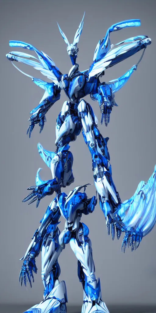 Prompt: a blue and white winged humanoid mecha dragon, octane render, photorealistic, 3D