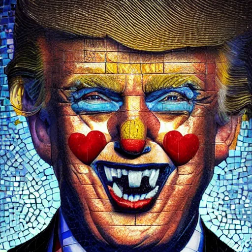 Image similar to mosaic portrait of clown trump into the sky by greg rutkowski, 4k, intricate details, dichotomy