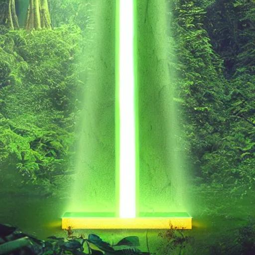 Image similar to a neon monolith in a mythical rainforest,