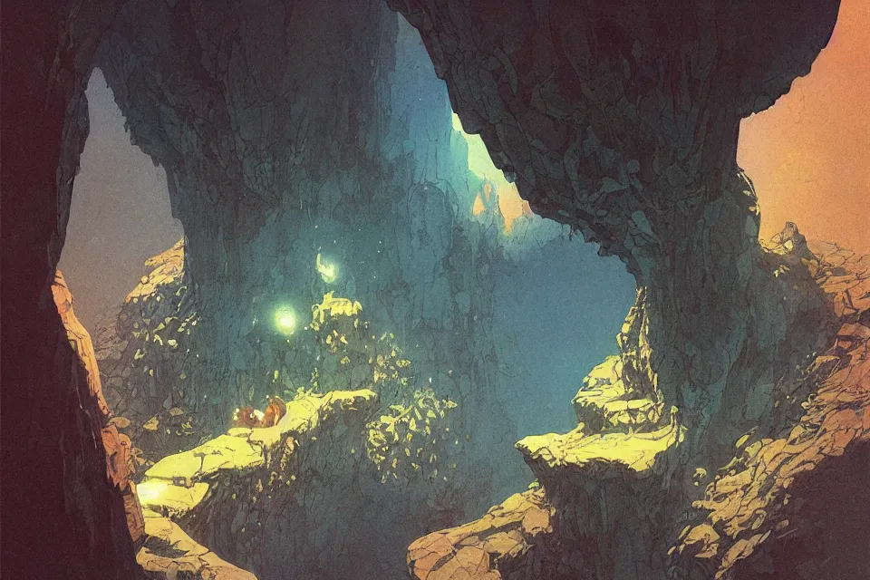 Image similar to i live in a cave, i live to create, by moebius and john harris, atmospheric blues, concept art, saturation 40