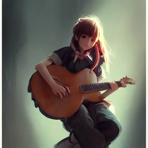 Prompt: anime girl Playing the 🎸 instrument , digital Art, Greg rutkowski, Trending cinematographic artstation