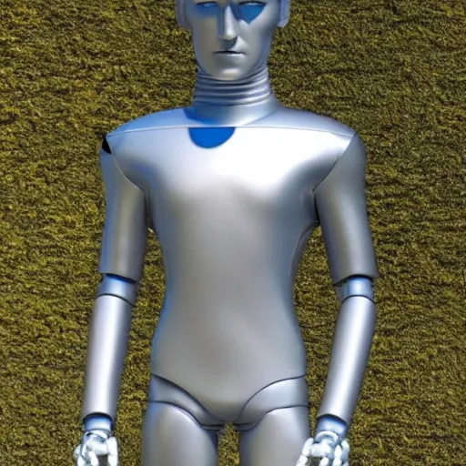 Image similar to a realistic detailed photo of a guy who is an attractive humanoid who is half robot and half humanoid, who is a male android, soccer player martin ødegaard, shiny skin, posing like a statue, blank stare, by the pool, on display, showing off his muscles, humanoid robot, frozen ice statue