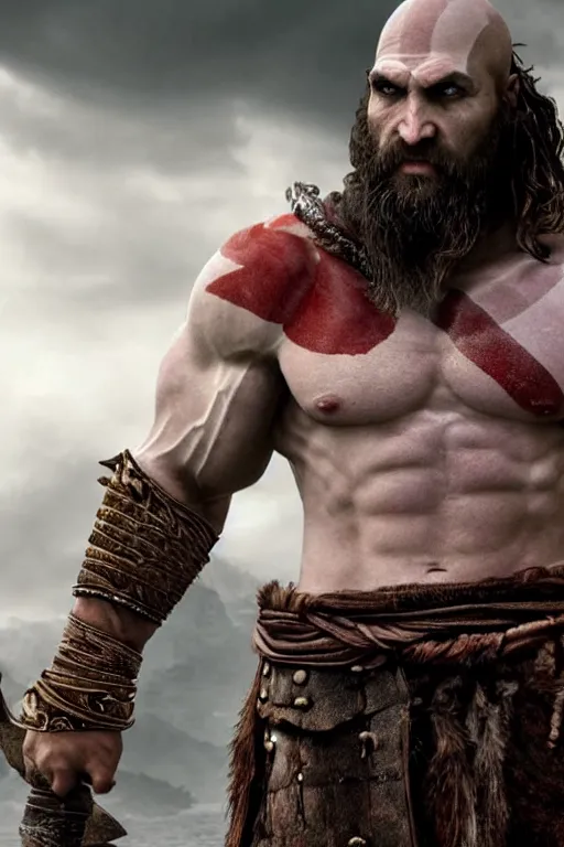 Image similar to film still from god of war, a highly detailed beautiful closeup photo of jason momoa!! kratos with long! windblown wet hair! holding a sword and fighting zombies on a pile of human skulls, spartan warrior, olympian god, muscular!!!, masculine confident pose, ambient lighting, volumetric lighting, octane, fantasy