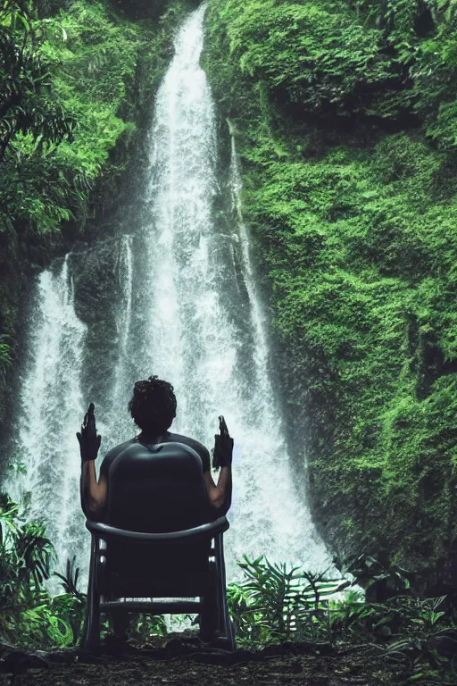 Image similar to movie closeup young man with a grey beard in a cyberpunk suit sitting on a futuristic chair at the edge of a jungle waterfall by emmanuel lubezki