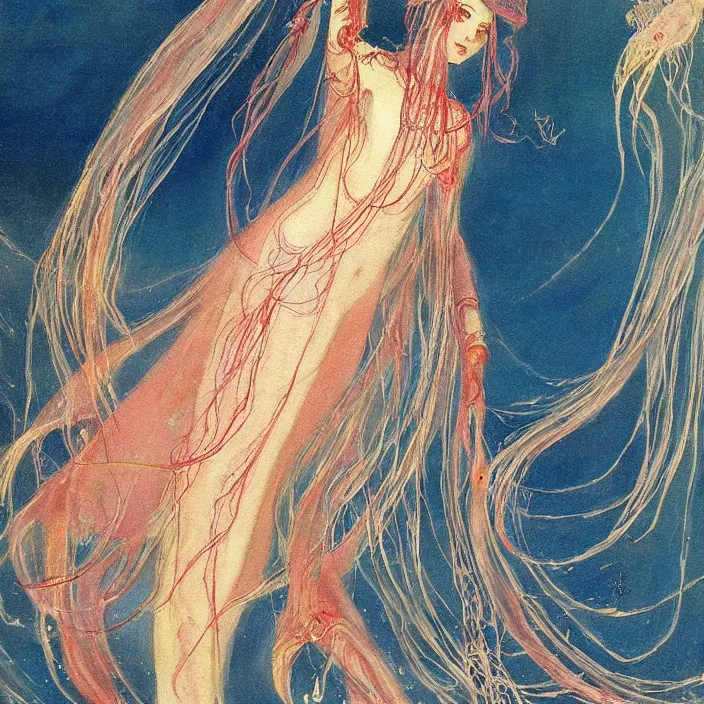 Prompt: a beautiful painting of the jellyfish empress by warwick goble