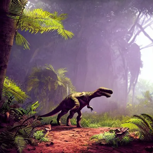 Prompt: dinosaur walking through a jungle, atmosperic, dramatic lighting, trending on artstation, ark survival evolved