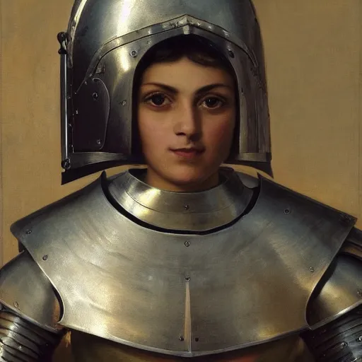 Prompt: Extreme Close-up portrait of a proud female Arabic knight wearing plate armor, by Charles Sillem Lidderdale, 4k, brilliant, painterly, realism