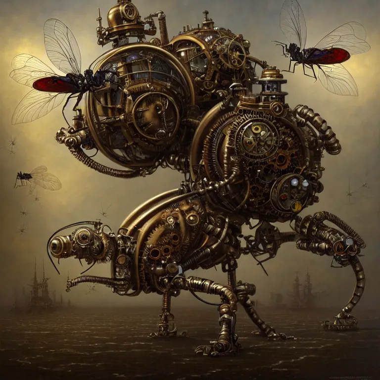 Image similar to steampunk the robot mosquito, unreal engine realistic render, 8 k, micro detail, intricate, elegant, highly detailed, centered, digital painting, artstation, smooth, sharp focus, illustration, artgerm, tomasz alen kopera, peter mohrbacher, donato giancola, joseph christian leyendecker, wlop, boris vallejo