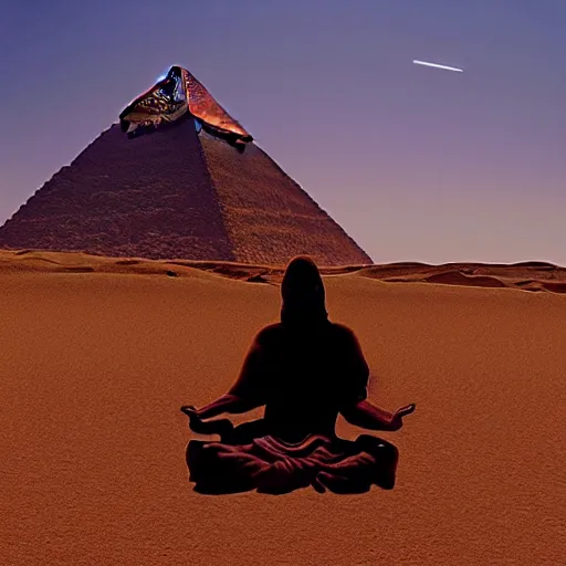 Prompt: lizard meditating in desert, photo, pyramids, light shafts, wisps, sandstorm, light diffusion, godly, ascending