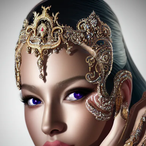 Image similar to portrait of wonderful princess of diamonds with fair skin, ornate, 8 k, gorgeous, intricate, detailed, glowing white accent lighting, dramatic lighting, octane render