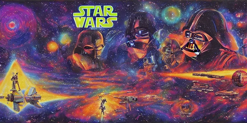 Prompt: high detailed psychedelic painting of star wars the movie in the cosmos