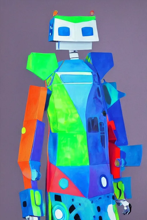 Prompt: a massive robot wearing a diy! costume, with fluo colored abstract organic shapes, muted colors, vivienne westwood, nausicaa, hyper real oil painting