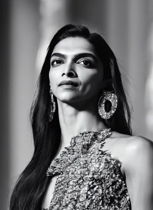 Image similar to A beautiful portrait of Deepika Padukone as a model at Versace fashion show Paris Spring/Summer 2018, highly detailed, in the style of cinematic, fashionweek backstage, makeup by Pat Mcgrath, Shot by Bruce Weber