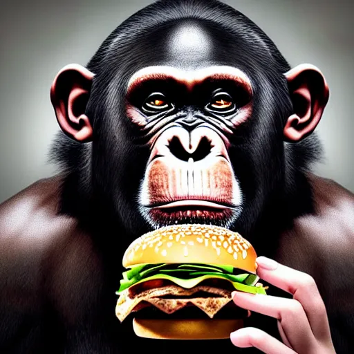 Prompt: surreal portrait of chimpanzee eating a mcdonald's big mac hamburger, extra onions and ketchup, hyperdetails, displacement mapped octane render, luscious patty with sesame seeds, ethereal, handsome, D&D, fantasy, intricate, elegant, highly detailed, digital painting, artstation, concept art, matte, sharp focus, illustration, art by Artgerm and Greg Rutkowski and Alphonse Mucha