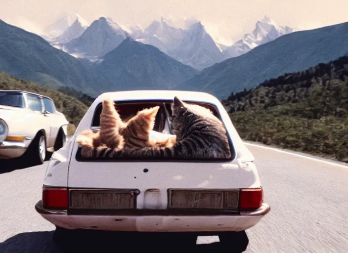 Image similar to A very high resolution image from a new movie, a cat driving a car around, inside of a car , mountains, Polaroid, directed by wes anderson