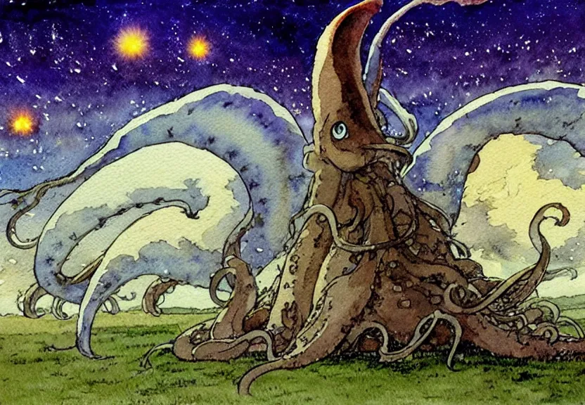 Image similar to a simple watercolor studio ghibli movie still fantasy concept art of a giant squid from princess mononoke ( 1 9 9 7 ) in stonehenge. it is a misty starry night. by rebecca guay, michael kaluta, charles vess