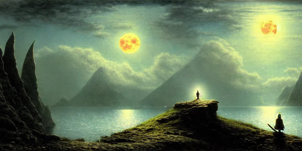 Image similar to a hobbit out at a lord of the rings scenery landscape, staring across the sea from the shore at a white timber sail boat leaving harbour, evening, highly detailed, vivid colour, soft clouds, full moon low in sky, cinematic lighting, perfect composition, gustave dore, derek zabrocki, greg rutkowski, belsinski