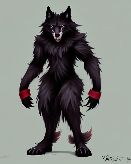 Image similar to character concept art of a black anthropomorphic male furry wolf long red hair | | cute - fine - face, pretty face, key visual, realistic shaded perfect face, fine details by stanley artgerm lau, wlop, rossdraws, james jean, andrei riabovitchev, marc simonetti, and sakimichan, trending on artstation