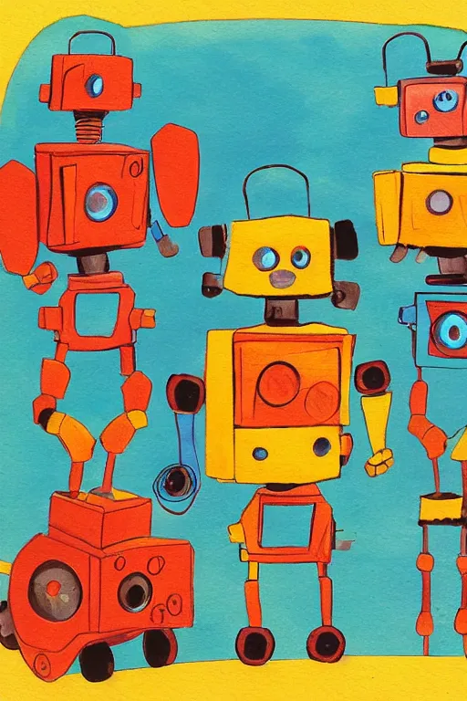 Image similar to children's book illustration of robots doing activities by margret rey