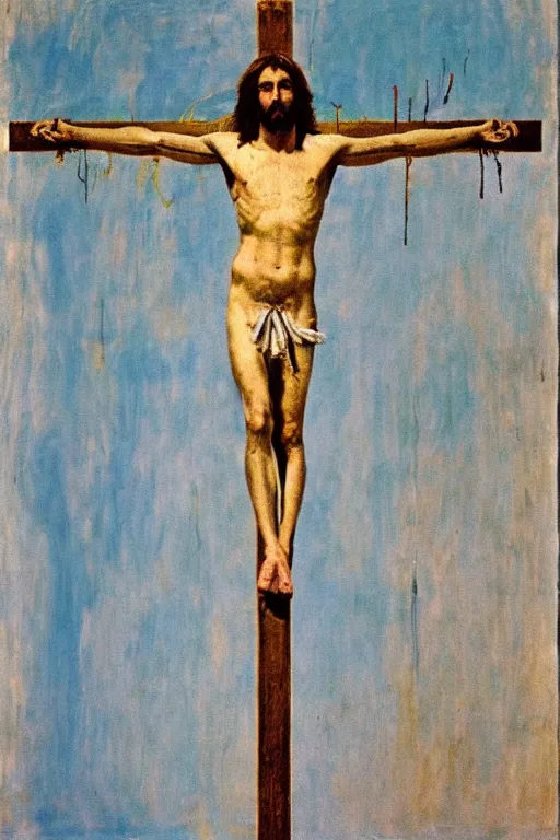 Prompt: a huge light beam illuminating jesus christ crucified painted by cy twombly and andy warhol